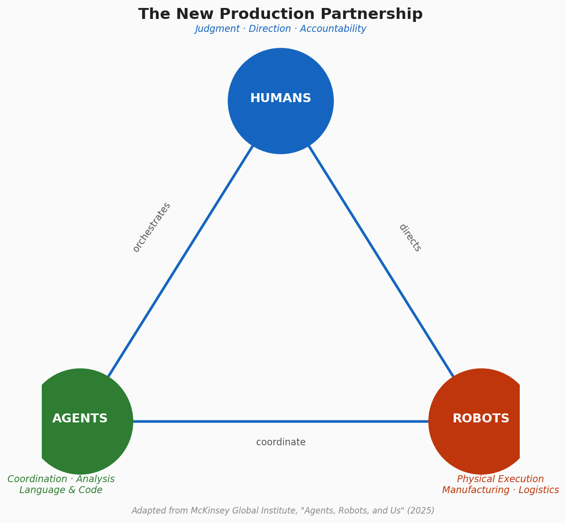 Triangle diagram showing humans at the top (judgment, direction, accountability), AI agents at the lower left (coordination, analysis, code), and robots at the lower right (physical execution, manufacturing, logistics)